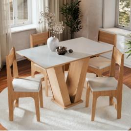 Conjunto de Jantar Vivi com 4 Cadeiras Estofadas, Mesa Retangular Tampo Branco Off e Base Mel