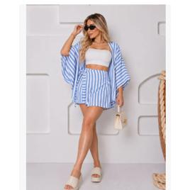 Conjunto Feminino Listras Linho Viscolinho Manga Curta Short