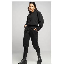 Conjunto Moletinho Feminino Calça Jogger e Casaco Cropped com Capuz Vicbela Preto