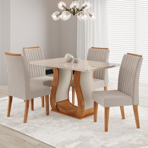 Conjunto Sala de Jantar Mesa 120x80,7cm Tampo com Vidro 4 Cadeiras Inspirare Yescasa Bege/Mel