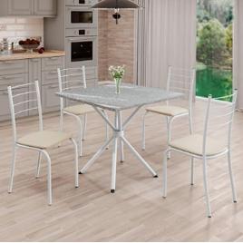 Conjunto Sala de Jantar Mesa Quadrada 70x70cm Tampo Granito Topázio 4 Cadeiras