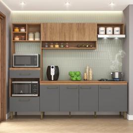 Cozinha Completa Modulada 5 Peças com Torre Quente e Balcão com Tampo 240cm Inova Yescasa Mel/Grafite Mel/Grafite