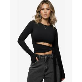 Cropped Manga Longa Feminino Amarração Cintura Moda Gringa