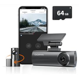 DDPAI N1 Dual Câmera Veicular Frontal Traseira 1296P+1080P, Dachcam com WiFi Visão Noturna, App, Supercapacitor, Gravação em Loops, Estacionamento 24H (N1+64G Cartão SD)