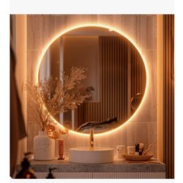 Espelho Redondo 50cm C/ Led Para Parede Quarto Banheiro Sala Moldura Redondo 50cm Led Quente