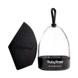Esponja de Maquiagem Chanfrada Ruby Rose Midnight Preta,  Acabamento Natural para Base, Corretivo e Pó sem Látex