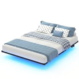 Estrutura De Cama De Metal, Cama Suspensa Casal, Com cintura de luz LED e Tomada, Suporta até 400KG, Design Moderno, Fácil de Montar, 190cm*140cm, preto