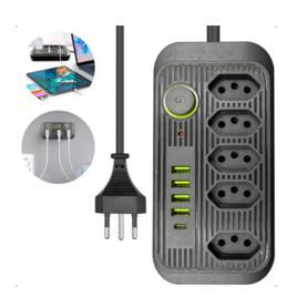 Extensão Régua Elétrica 2 Metros 5 Tomadas 4 Usb 1 Usb-c
