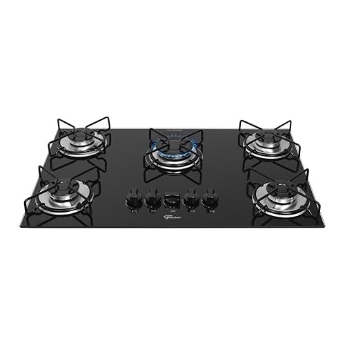 FISCHER COOKTOP À GÁS 5 BOCAS FIT LINE TREMPE ARAMADO MESA VIDRO PRETO BIVOLT 36360-102676