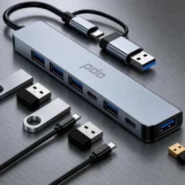Hub USB 3.0 PDO 7 em 1 de Alumínio Com Adaptador Híbrido USB-C e USB-A