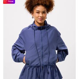 Jaqueta Corta Vento Peplum com Capuz e Zíper Tratorado Azul