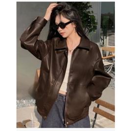Jaqueta de Couro Oversized Manga Longa Elegante Inverno