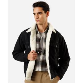 Jaqueta masculina jeans com gola em sherpa preta