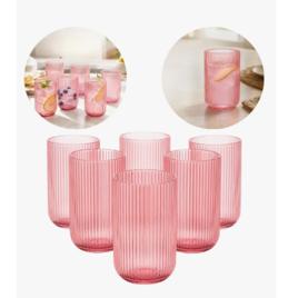 Jogo 6 Copos De Vidro Canelado 460ml Versalhes Rosa Luxo