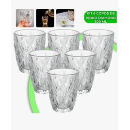 Jogo 6 Copos Diamond 300ml Vidro Grosso Diamante Luxo Moderno Resistente Buffet Casual Baixos Transparente