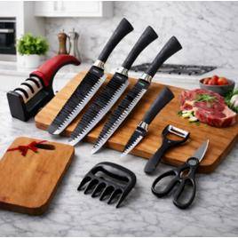 Jogo De Facas Cozinha Churrasco Premium Inóx 8 Peças +tábua