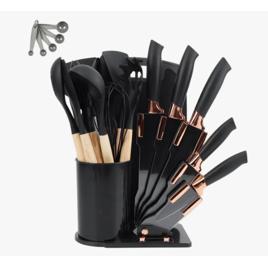Kit 19 Utensílios De Cozinha Com Cabo De Madeira E Silicone