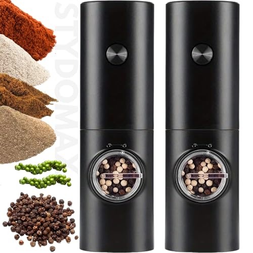 Kit 2 Moedor Elétrico de Sal e Pimenta Tempero (Pacote com 2) Conjunto Moedor de Sal Grosso e Pimenta Do Reino Automático Com Recipiente de 70 ml Luz Led Para Churrasco na Cozinha (Preto) (2)