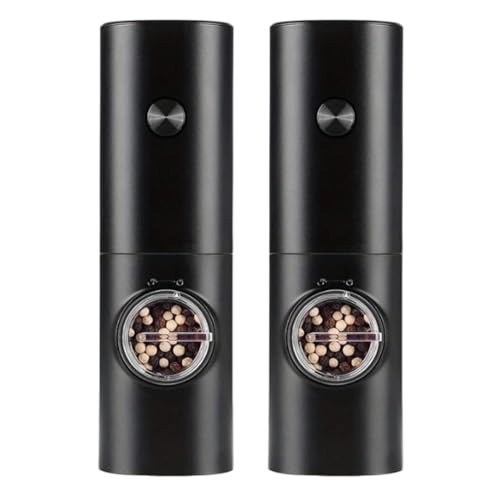 Kit 2 Moedores Elétricos Pretos Premium para Sal Grosso Pimenta do Reino Temperos e Especiarias Automáticos com Luz LED à Pilha e Reservatório de 70mL - Ideal para Cozinha e Churrasco (Pacote com 2)