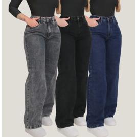 Kit 3 Calça Jeans Wide Leg Pantalona Cintura Alta Jeans
