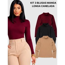 Kit 3 Peças Manga Longa Feminina Blusa De Frio Gola Alta