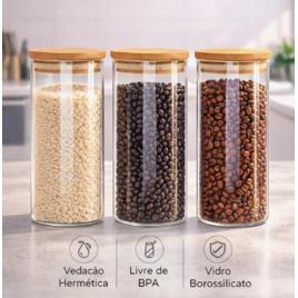Kit 3 Potes De Vidro Herméticos Com Tampa De Bambu De 1 L Para Mantimentos Alimentos Grãos Café Massas Cereais Cozinha Com Vedação Hermética Vidro Borossilicato Bpa Free Transparente