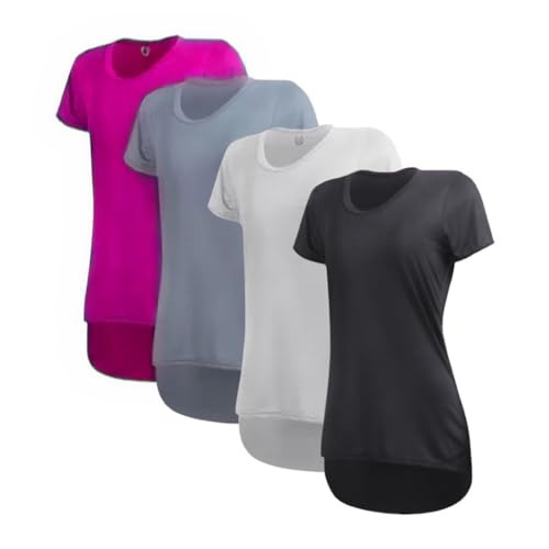 Kit 4 Camisetas Femininas Dry Fit Poliéster Tapa Bumbum Mullet Proteção UV (BR, Alfa, G, Regular, Preto/Cinza/Branco/Pink)