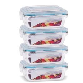 KIT 4 Potes de Vidro Retangular com Tampa Hermética 370ml