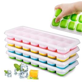 Kit 4 Unidades Forma Com Tampa Gelo Ice Flexivel Forminha Fundo Silicone 14 Cubos Alimentos Frutas Papinha