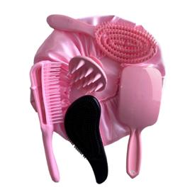 Kit 5 Escova de Cabelo Raquete Polvo Magica Massageador Touca Cetim Rosa