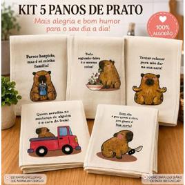 Kit 5 Panos de Prato Capivara, Estampas Variadas Algodão