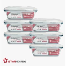 Kit 6 Potes 640ml Vidro Hermético 4 Travas Marmita Refratario Star House