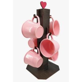 Kit 6 Xicaras Rosa Acrílico Com Suporte Mdf Pintado