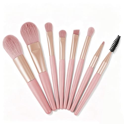 Kit 8 Pincéis de Maquiagem, Cerdas de Fibra Sintética Macias e Suaves para a Pele, Ideal para Base, Pó Solto, Blush, Corretivo, Iluminador, Sombra e Contorno, Rosa
