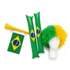 Kit Brasil Copa Peruca Afro Vuvuzela E 2 Bastão Bate Bate