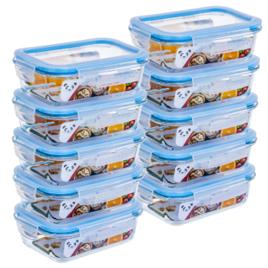 Kit com 10 Potes de Vidro Gato Panda, 370 ml, Retangular, com Tampa Hermética, Azul