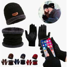 Kit Touca Gorro + Cachecol Echarpe Lã + Luva Touch Celular