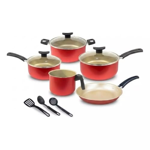 Kit Jogo de Panelas Brasília 8 Peças, Alumínio Antiaderente, com Frigideira, Caçarola e Talheres (Cereja com Creme)
