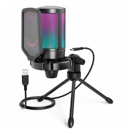 Microfone de Mesa Fifine A6V Ampligame, com Suporte, Condensador, RGB, USB, Preto