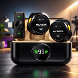 Microfone Lapela Redondo Sem Fio Tipo-C Anti Ruído P/ Android E iPhone Com Caixinha Para Carregamento - Cor Preto