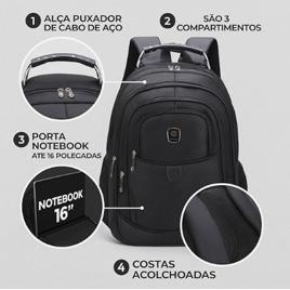 Mochila Executiva Antifurto Reforçada 18", Preta, 45x32x16cm, 4 Compartimentos, Porta Notebook 16 Polegadas, para Trabalho, Escola, Viagem