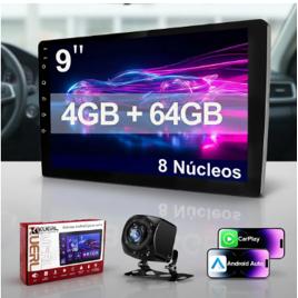 Multimidia Universal 9'' 4+64gb Carplay Android Bluetooth Preto