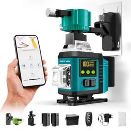 Nível a Laser 16 Linhas Verde 4D 360° Autonivelante, Modo Manual e Pulso, Controle Remoto com APP, Base Magnética, 2 Baterias de Lítio 2400mAh, IP54, Azul