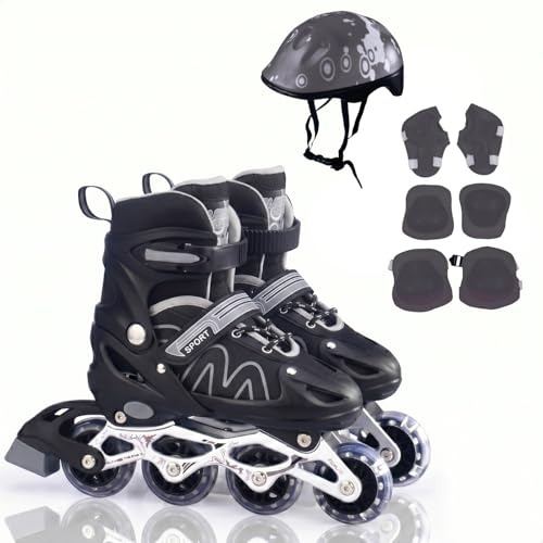 Patins Infantil 4 Rodas Inline Ajustável 4 Tamanhos Kit Proteção Bolsa e Capacete (PRETO, P)