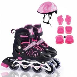 Patins Infantil 4 Rodas Inline Ajustável 4 Tamanhos Kit Proteção Bolsa e Capacete (ROSA, M)
