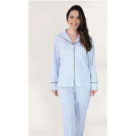 Pijama Americano Feminino Longo Algodão - Listrado Azul