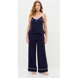 Pijama em Viscose com Pippings Contrastantes Azul