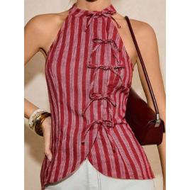 Poéselle Top feminino listrado rosa e branco com decote halter e laço, estilo corset, elegante para o verão, 100% algodão, barra assimétrica, estilo street-chique