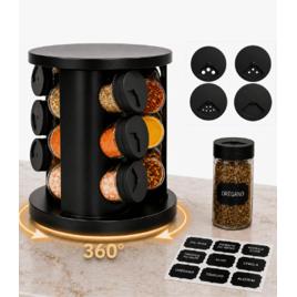 Porta Temperos Condimentos 9 Potes De Vidro Base Giratória 360° 9 Etiquetas Adesiva Organizador Cozinha Dosador Suporte Bancada Mesa Orégano Sal Páprica Pimenta Indue Variedades