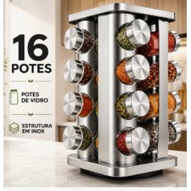 Porta Temperos Condimentos Inox Kit 16 Unidades Potes Vidro Base Giratório 360 Preto Organizador Cozinha Dosador Sólar